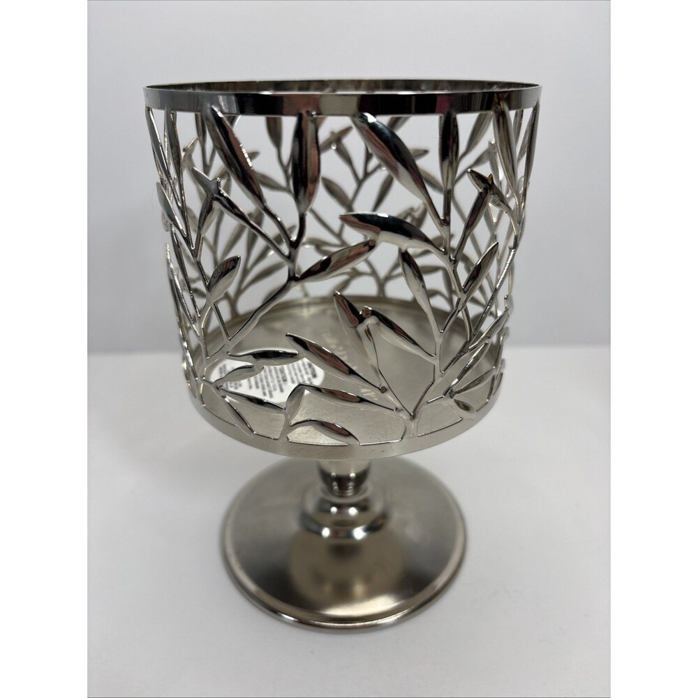 Bath & Body Works Vine Leaf Pattern Silver 3-Wick Pedestal 14.5 oz Candle Holder - Picture 2 of 9